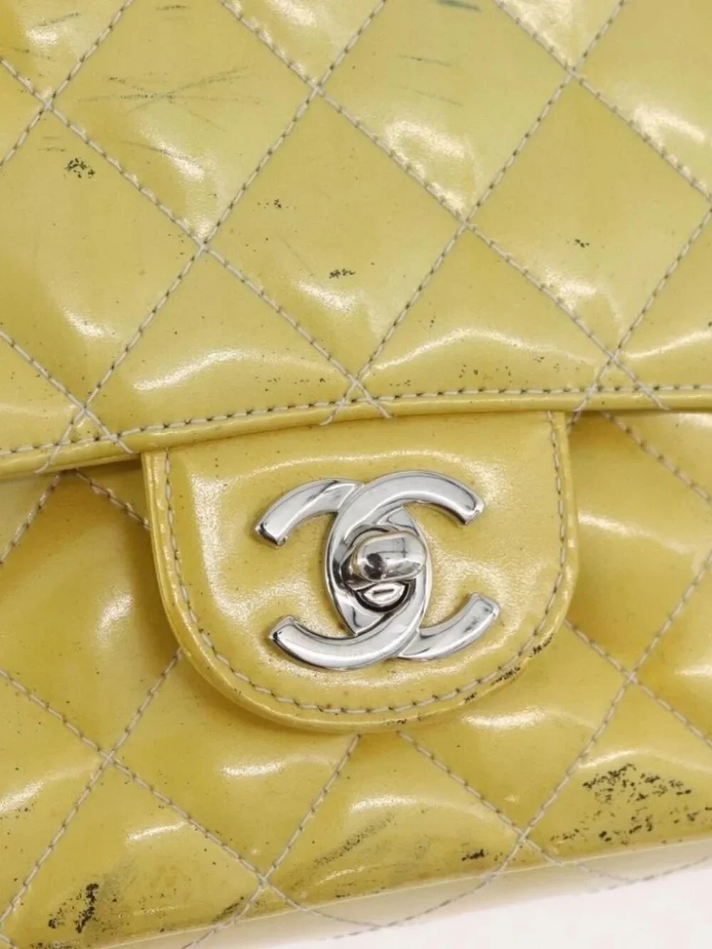 CHANEL Matelasse Backpack Patent leather Yellow Silver CC Auth 89374